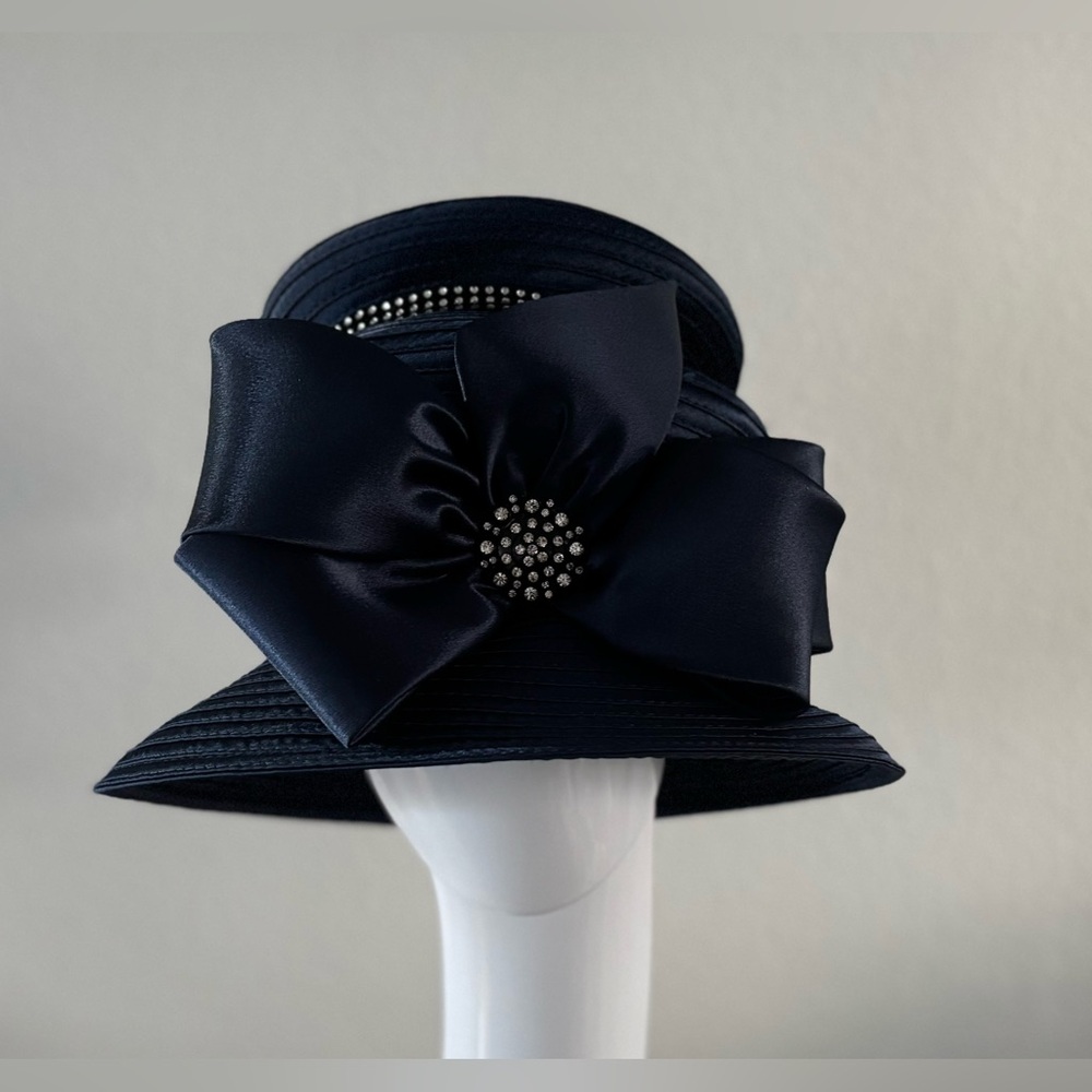Ms. Divine Navy Blue Two Tier Ribbon Hat with Rhinestones